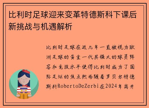 比利时足球迎来变革特德斯科下课后新挑战与机遇解析 比利时足球迎来变革特德斯科下课后新挑战与机遇解析