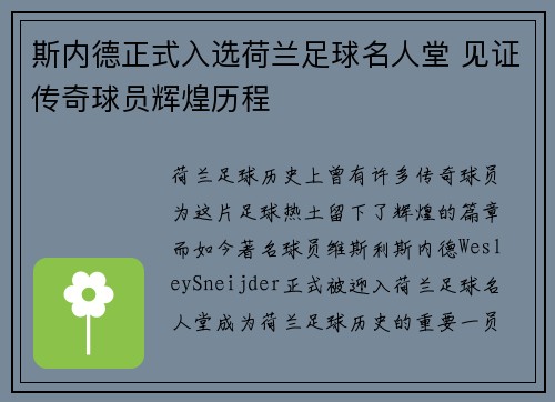 斯内德正式入选荷兰足球名人堂 见证传奇球员辉煌历程 斯内德正式入选荷兰足球名人堂 见证传奇球员辉煌历程