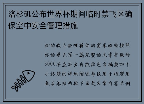 洛杉矶公布世界杯期间临时禁飞区确保空中安全管理措施 洛杉矶公布世界杯期间临时禁飞区确保空中安全管理措施