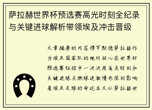 萨拉赫世界杯预选赛高光时刻全纪录与关键进球解析带领埃及冲击晋级
